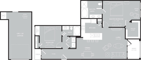 Floor plan for 2 beds, 2 baths, 1260 sqft